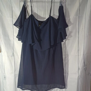 City Triangles blue sheer cold shoulder ruffle boho Y2K Flowy Dress